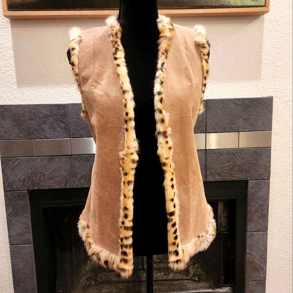Real Genuine Rabbit Fur Tan Leather Suede Vest Leopard Print Boho Rocker Italian